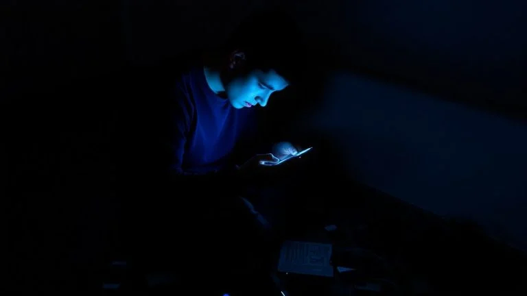 Person isolated with glowing smartphone amidst discarded electronics.