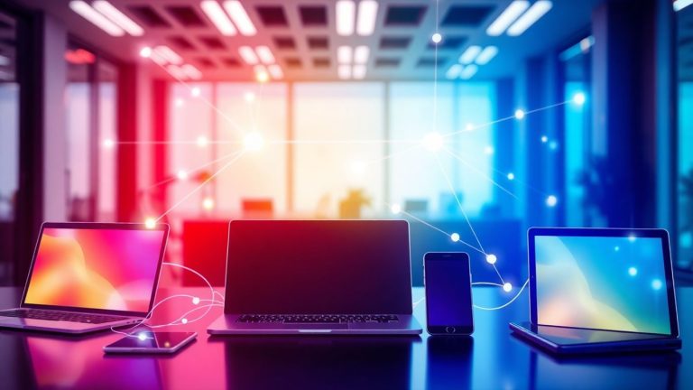 Interconnected digital devices in a modern setting.