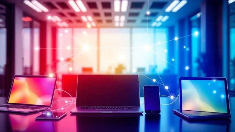 Interconnected digital devices in a modern setting.