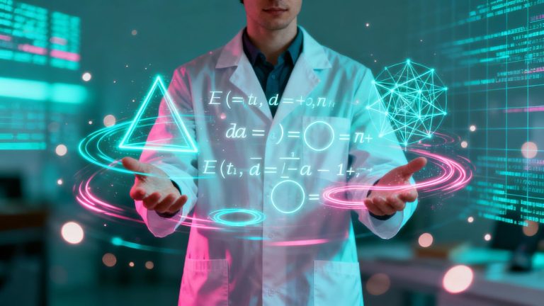 Person learning with futuristic math AI.