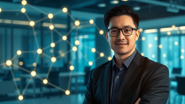 Blockchain professional in a futuristic digital network.