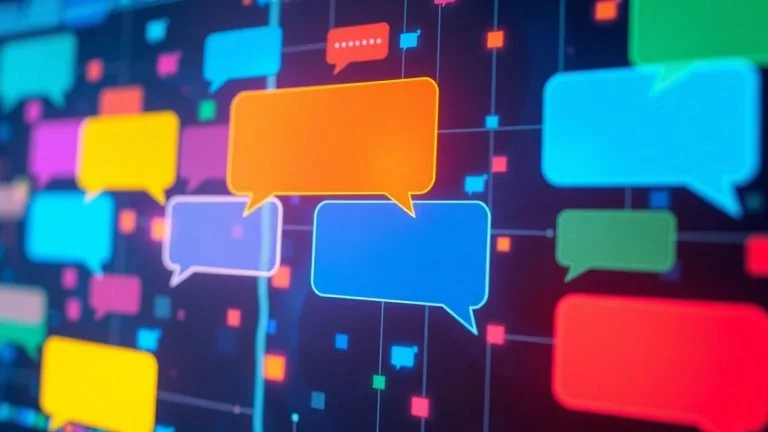 AI chat interface with colorful bubbles and glowing lines.