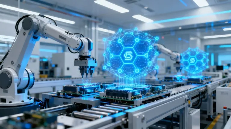 Blockchain and manufacturing innovations in a futuristic factory.