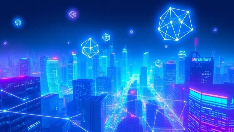 Futuristic blockchain network cityscape with glowing digital connections.