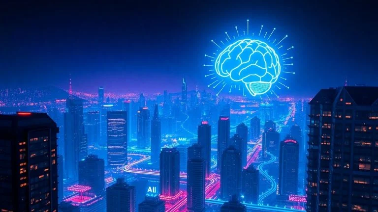 AI and blockchain convergence in a futuristic digital landscape.