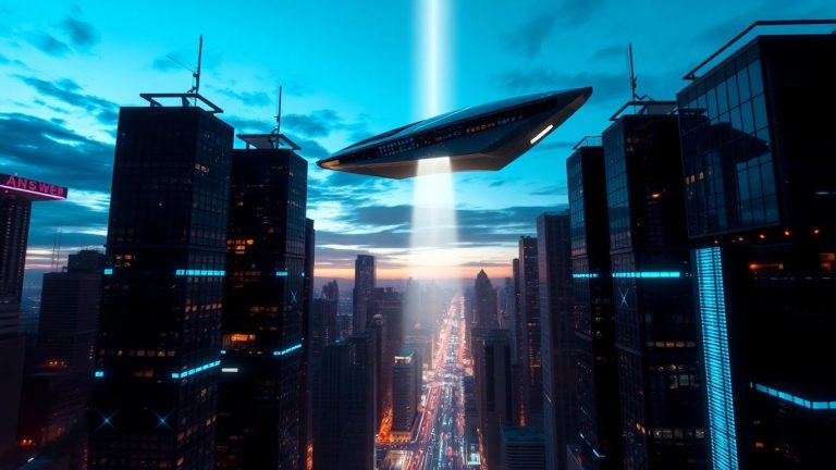 Futuristic cityscape with glowing digital streams and hovering technology.