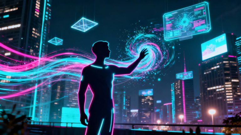 Futuristic cityscape with glowing AI interfaces and human silhouette.