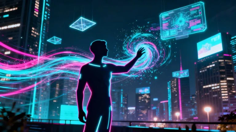 Futuristic cityscape with glowing AI interfaces and human silhouette.