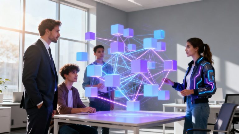 People working with a futuristic blockchain network.