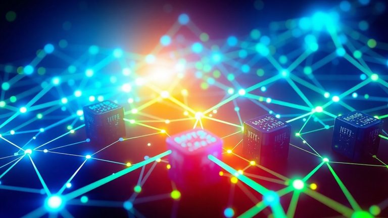 Futuristic blockchain network with glowing digital blocks.