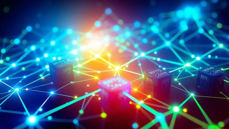Futuristic blockchain network with glowing digital blocks.