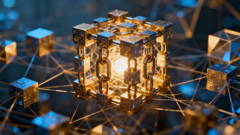 Abstract glowing blockchain network with interconnected digital blocks.