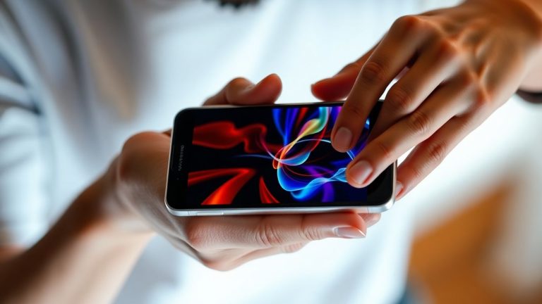Person holding smartphone with digital pattern on screen.