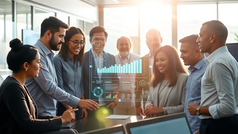 Professionals interacting with holographic educational technology displays.