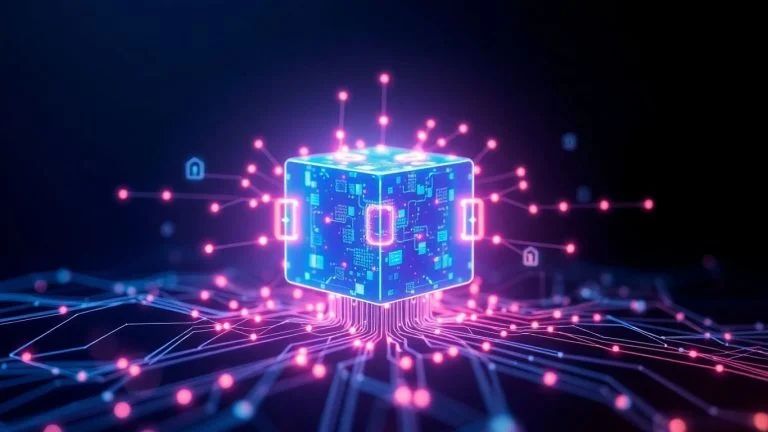Interconnected blockchain network with industry visuals.