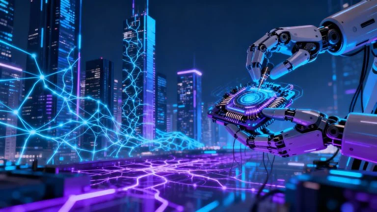 Futuristic cityscape with AI neural networks and robotic assembly.