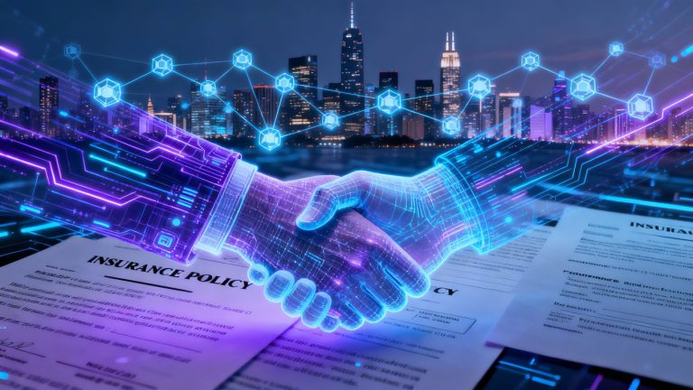 Blockchain transforming insurance industry with secure digital connections.