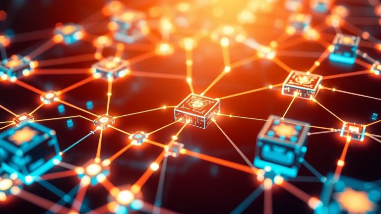 Blockchain network with glowing digital blocks.