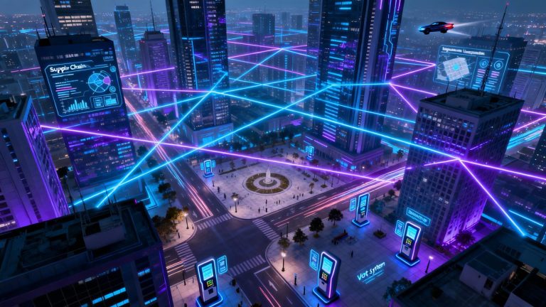 Blockchain applications beyond cryptocurrency in a futuristic city.