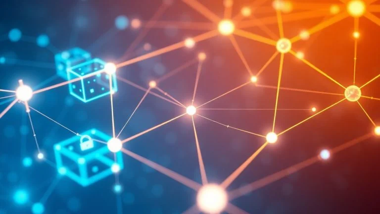 Interconnected digital blocks and ledger nodes forming a network.