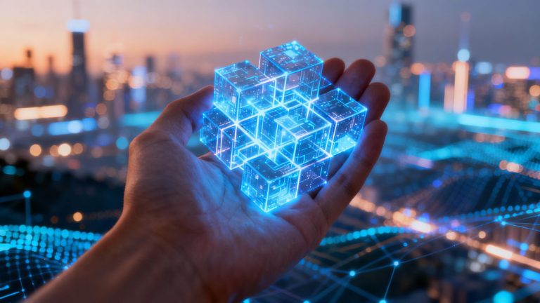 Hand holding glowing blockchain blocks, futuristic city background.