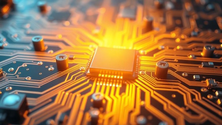 Glowing circuit board with intricate pathways.