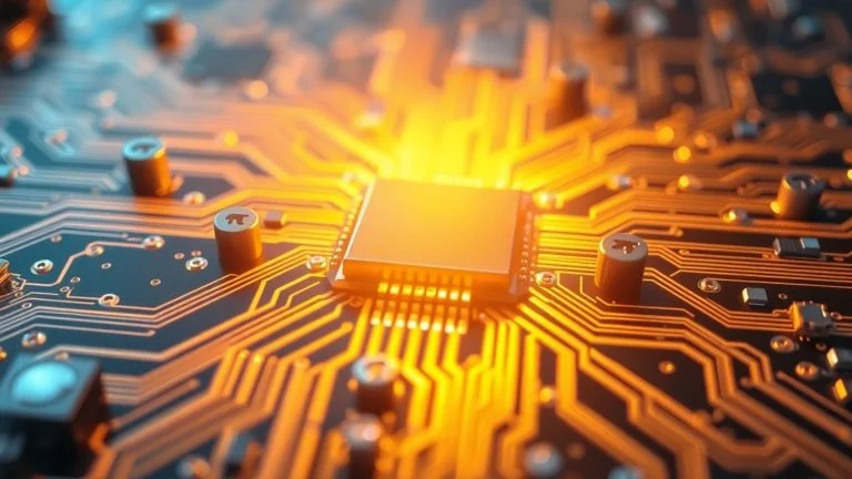 Glowing circuit board with intricate pathways.