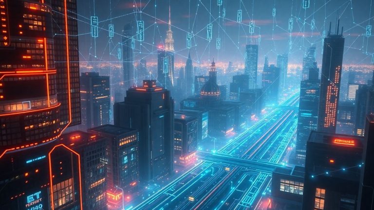 Futuristic cityscape with AI neural network patterns.