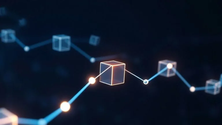 Interconnected digital blocks forming a glowing chain.