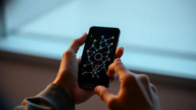 Person holding phone with blockchain graphic