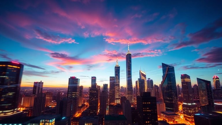 Modern cityscape with digital data streams at dusk.