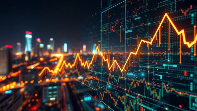 AI stock market activity with glowing circuits and data.