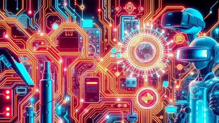 Collage of diverse futuristic technologies and interfaces.