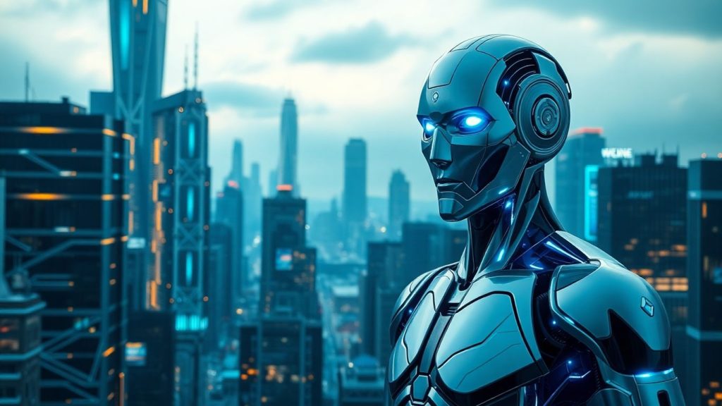 Humanoid robot in futuristic cityscape