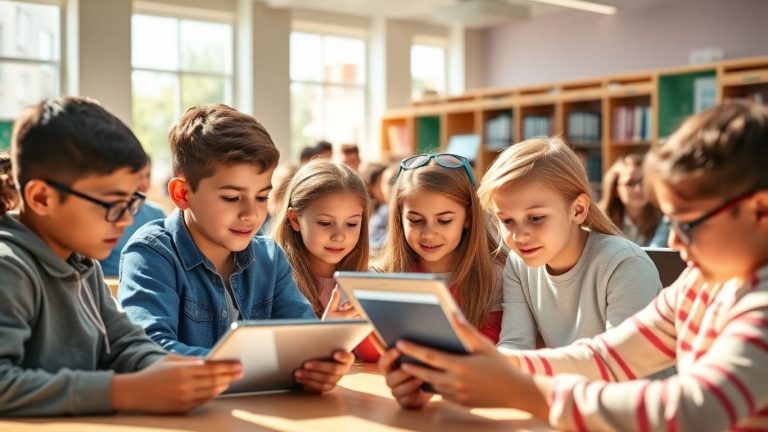 Students using technology in a modern classroom.
