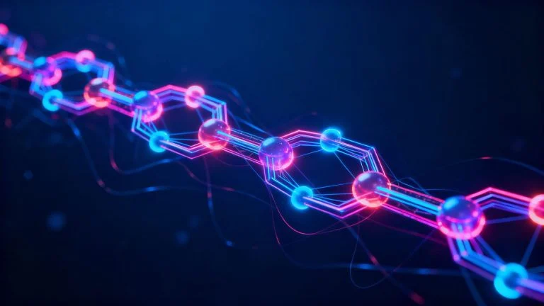 Abstract glowing nodes and lines forming a blockchain network.