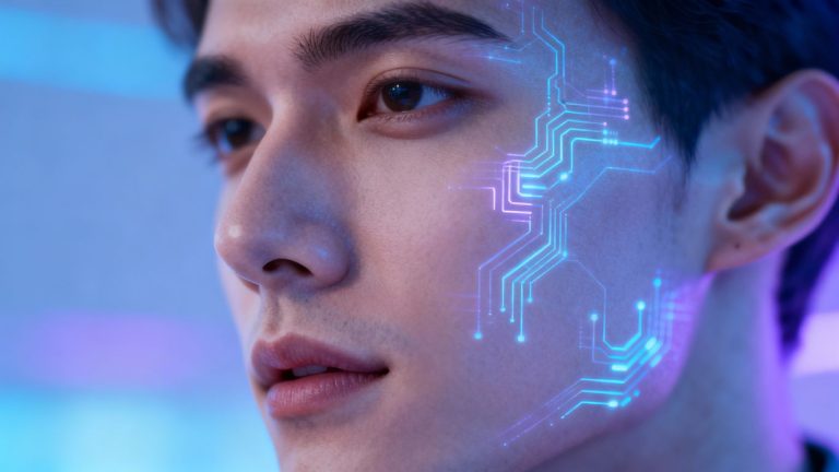 Human face with digital patterns, AI concept