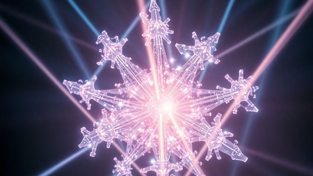 Abstract light beams emanating from a crystalline structure.