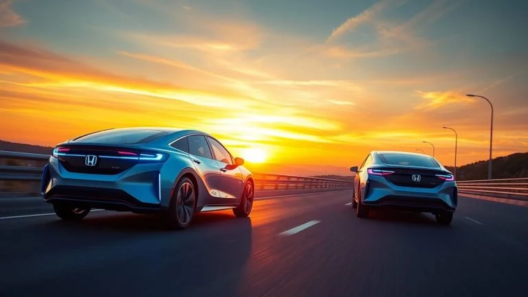 Honda electric cars on a highway at sunset.