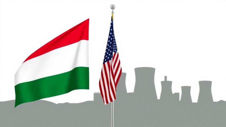 Hungarian and US flags with nuclear power plant.