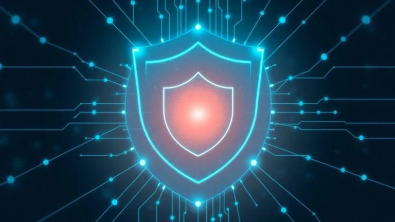 Cybersecurity shield with network connections.
