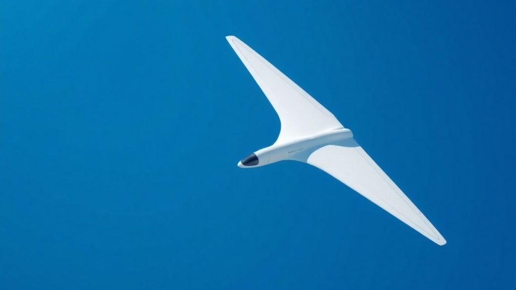 Futuristic blended wing aircraft in flight.