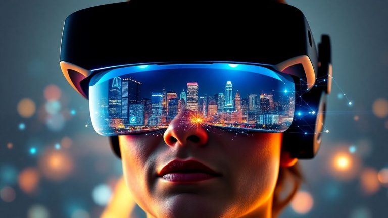 Person in VR headset with virtual world emerging.