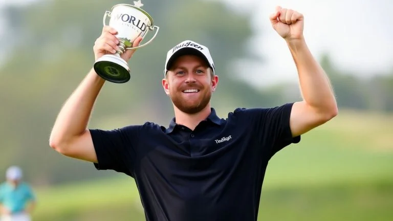 Golfer Ben Griffin holding up a trophy