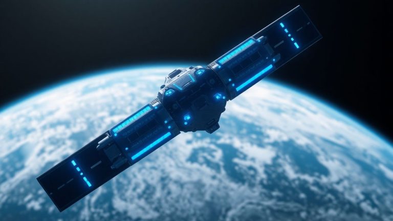 Futuristic satellite in orbit above Earth.