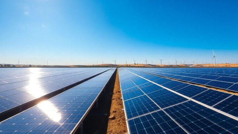 Solar panels and wind turbines under a blue sky.