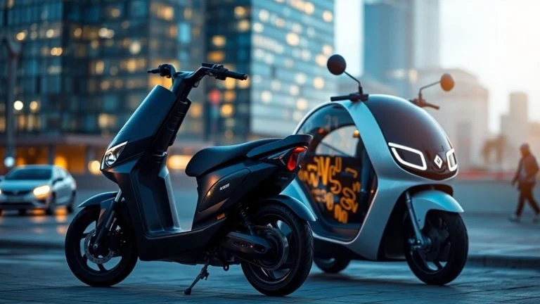 Electric scooter and autonomous vehicle in a city.