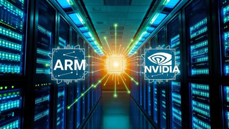 Arm and Nvidia chips connected with glowing lines.