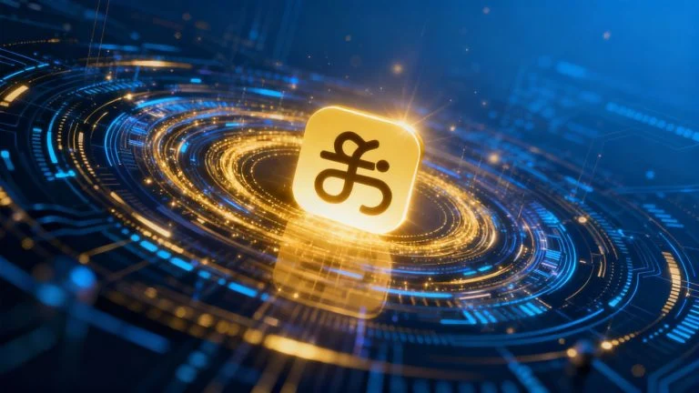 Kuaishou logo with AI patterns and golden light.