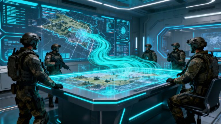 Military command center with holographic battlefield displays and strategizing soldiers.